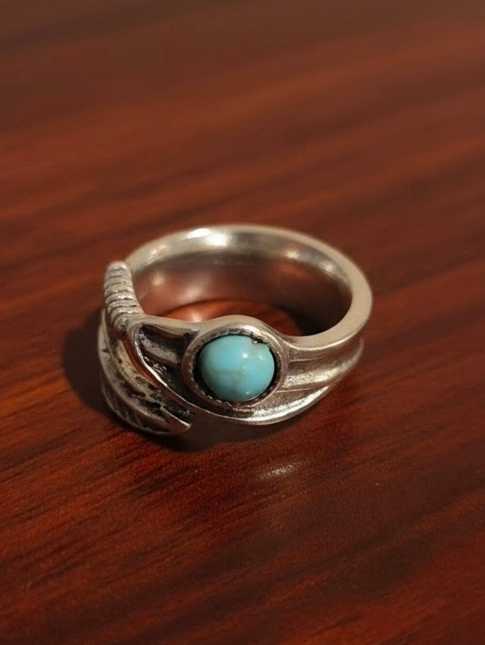 Silver Tone Feather Ring with Turquoise Stone - Size 6 - Picture 2 of 5